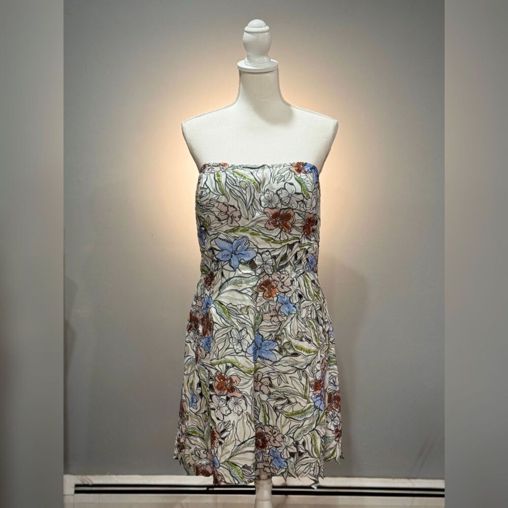 Cream Geisha Designs Floral Cutwork Sequin Strapless Mini Dress Size XL NWT